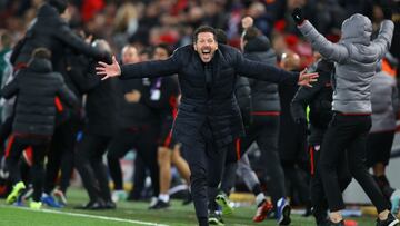 *** YEAR IN REVIEW - SPORT *** LIVERPOOL, ENGLAND - MARCH 11:  Diego Simeone, Manager of Atletico Madrid celebrates his sides second goal during the UEFA Champions League round of 16 second leg match between Liverpool FC and Atletico Madrid at Anfield on March 11, 2020 in Liverpool, United Kingdom. (Photo by Julian Finney/Getty Images)