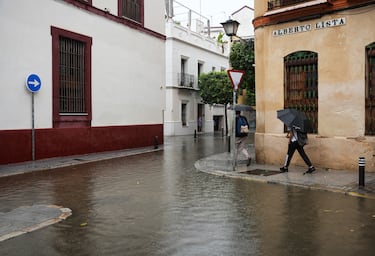 Calles anegadas de agua tras las lluvias torrenciales en la jornada de hoy en Sevilla.