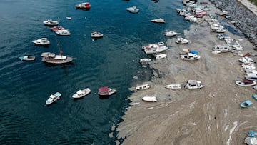 This aerial photograph taken on June 4, 2021 in Turkey&#039;s Marmara Sea at a harbor on the shoreline of Istanbul shows mucilage, a jelly-like layer of slime that develops on the surface of the water due to the excessive proliferation of phytoplankton, g