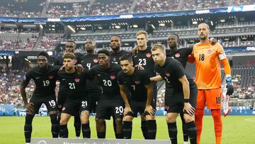 LAS VEGAS, NEVADA - JUNE 18: Team Canada poses for a team photo prior to the game against USA during the 2023 CONCACAF Nations League final at Allegiant Stadium on June 18, 2023 in Las Vegas, Nevada.   Louis Grasse/Getty Images/AFP (Photo by Louis Grasse / GETTY IMAGES NORTH AMERICA / Getty Images via AFP)