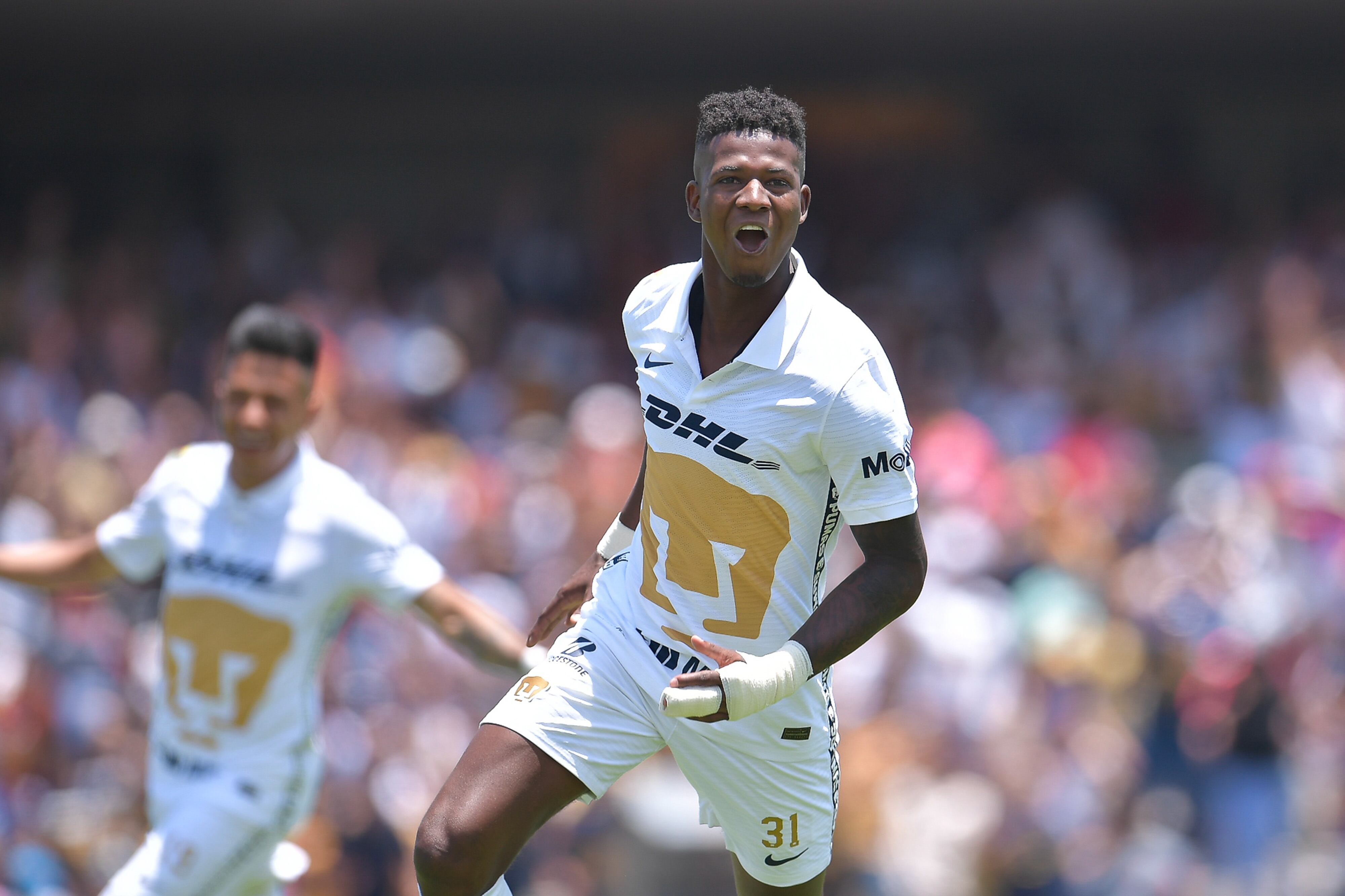 Washington Corozo celebrates his goal of Pumas during the game Pumas UNAM vs Monterrey, corresponding to day 14 of the Torneo Clausura Grita Mexico C22 of Liga BBVA MX, at Olimpico Universitario Stadium, on April 17, 2022. <br><br> Washington Corozo celebra su gol de Pumas durante el partido Pumas UNAM vs Monterrey, correspondiente a la jornada 14 del Torneo Clausura Grita Mexico C22 de la Liga BBVA MX, en el Estadio Olimpico Universitario, el 17 de Abril de 2022.