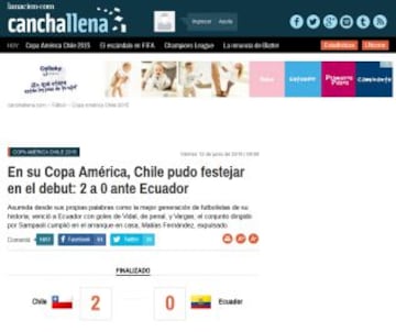 El suplemento deportivo del diario La Naci&oacute;n elogi&oacute; la victoria de la Roja sobre Ecuador.