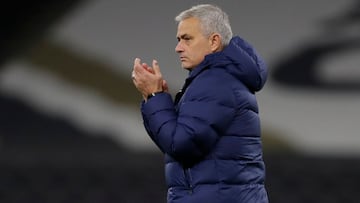 Tottenham Hotspur's Portuguese head coach Jose Mourinho react at the final whistle during the UEFA Europa League 1st round Group J football match between Tottenham Hotspur and Antwerp at the Tottenham Hotspur Stadium in London, on December 10, 2020.