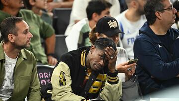 US rapper Travis Scott attends the men's semifinal basketball match between France and Germany during the Paris 2024 Olympic Games at the Bercy Arena in Paris on August 8, 2024. (Photo by Aris MESSINIS / AFP)