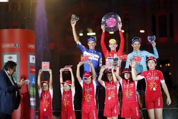 Podio de los tres primeros clasificados en la general de la Vuelta a España. Simon Yates, Enric Mas y Miguel Ángel López.