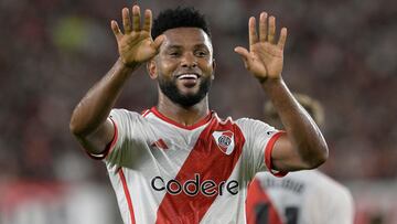 River Plate's Colombian forward Miguel Borja celebrates after scoring against Independiente Rivadavia during the Argentine Professional Football League match at the Monumental stadium in Buenos Aires, on March 6, 2024. (Photo by JUAN MABROMATA / AFP)