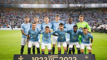 Formaci¨®n inicial del Celta en el encuentro contra el Real Madrid disputado en Bala¨ªdos en la tercera jornada de Liga de la temporada 2023-2024.