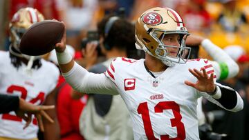 Brock Purdy #13 of the San Francisco 49ers warms up