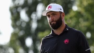 Spain's Jon Rahm reacts on the 16th green on the final day of the LIV Golf Invitational Series event at the JCB Golf and Country Club in Rocester, central England, on July 28, 2024. (Photo by HENRY NICHOLLS / AFP)