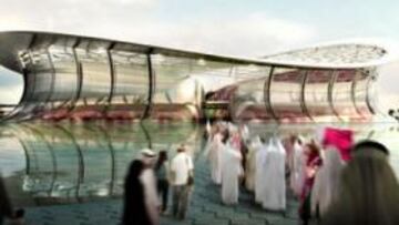 <b>UNA ISLA EN MEDIO DEL DESIERTO DE DOHA. </b>La refrigeración del estadio se produce a través del lago que rodea al Lusail Iconic y al que se accede por uno de sus puentes.