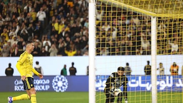 Nassr's Portuguese forward #07 Cristiano Ronaldo scores his team's first goal from the penalty spot during the Saudi Pro League football match between Al-Nassr FC and Al-Qadsiah at al-Awwal Park stadium in Riyadh on January 8, 2026. (Photo by Fayez NURELDINE / AFP)