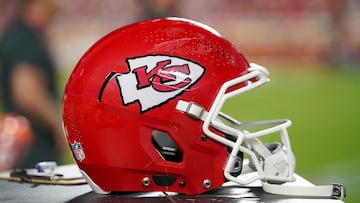 Aug 22, 2025; Kansas City, Missouri, USA; A general view of a Kansas City Chiefs helmet against the Chicago Bears during the first half of the game at GEHA Field at Arrowhead Stadium. Mandatory Credit: Denny Medley-Imagn Images
