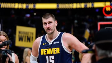 Apr 6, 2026; Denver, Colorado, USA; Denver Nuggets center Nikola Jokic (15) after the game against the Portland Trail Blazers at Ball Arena. Mandatory Credit: Isaiah J. Downing-Imagn Images