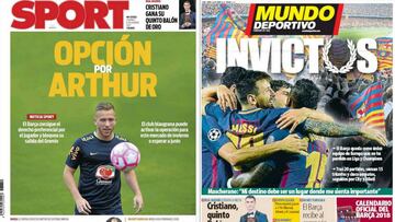 Portadas de los diarios Sport y Mundo Deportivo del día 8 de diciembre de 2017.