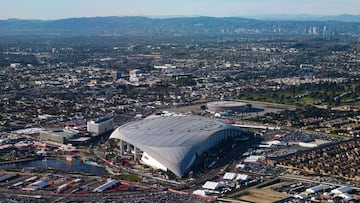 An aerial view of SoFi Stadium, the site of Super Bowl LVI between the Cincinnati Bengals and Los Angeles Rams. 