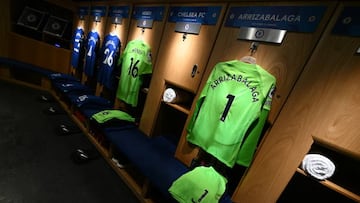LONDON, ENGLAND - APRIL 04: The shirt of Kepa Arrizabalaga of Chelsea is displayed inside the dressing room prior to the Premier League match between Chelsea FC and Liverpool FC at Stamford Bridge on April 04, 2023 in London, England. (Photo by Darren Walsh/Chelsea FC via Getty Images)