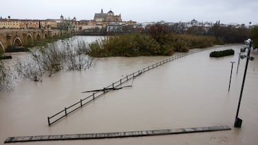 El Puente Romano cerrado a los peatones debido al aumento de las crecidas del río Guadalquivir a su paso.