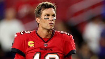 TAMPA, FLORIDA - OCTOBER 27: Tom Brady #12 of the Tampa Bay Buccaneers looks on during pregame warm-ups prior to a game against the Baltimore Ravens at Raymond James Stadium on October 27, 2022 in Tampa, Florida.   Mike Ehrmann/Getty Images/AFP