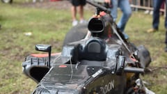 The car wreckage of McLaren Honda's Fernando Alonso
