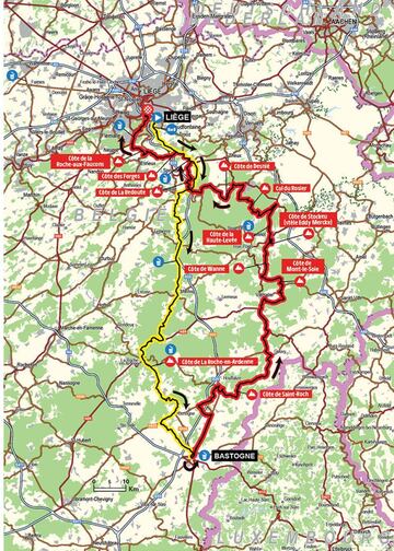Mapa del recorrido de la Lieja-Bastoña-Lieja 2023.