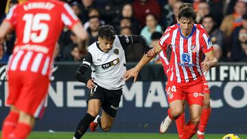 El defensa del Atlético de Madrid Robin Le Normand (d) pelea un balón con el centrocampista del Valencia Iván Jaime durante el encuentro correspondiente a la jornada 25 de Laliga EA Sports que disputan hoy sábado Valencia y Atlético de Madrid en el estadio de Mestalla.