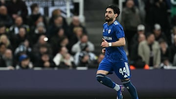 Qarabag's Azerbaijan defender #44 Elvin Cafarguliyev celebrates after scoring their second goal during the UEFA Champion's League knockout round play-off, 2nd leg football match between Newcastle United and Qarabag at St James' Park in Newcastle-upon-Tyne, north east England on February 24, 2026. (Photo by Paul ELLIS / AFP)