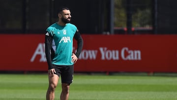 Liverpool's Egyptian striker #11 Mohamed Salah attends a team training session at their training ground in Kirkby, Liverpool, north-west England on April 7, 2026, on the eve of their UEFA Champions League, quarter final first leg football match against Paris Saint-Germain. (Photo by PETER POWELL / AFP)