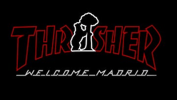 Logo Thrasher modificado en la A con un oso y el madroño de Madrid y Welcome Madrid en honor a la tienda de skate