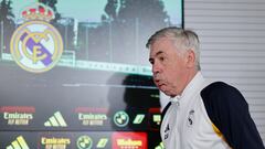 MADRID, 09/03/2024.- El entrenador del Real Madrid Carlo Ancelotti, durante la rueda de prensa ofrecida en la Ciudad deportiva de Valdebebas, en Madrid. EFE/Rodrigo Jimé?nez
