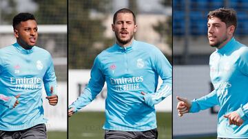 Rodrygo, Hazard y Valverde, durante el entrenamiento del Real Madrid.