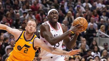 Dec 1, 2019; Toronto, Ontario, CAN; Toronto Raptors forward Pascal Siakam (43) drives to the net against Utah Jazz forward Joe Ingles (2) during the first half at Scotiabank Arena. Mandatory Credit: John E. Sokolowski-USA TODAY Sports