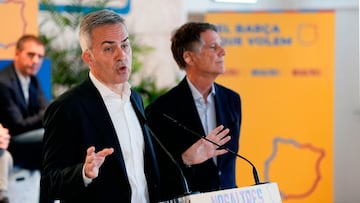 GRAFCAT7125. BARCELONA, 23/01/2026.- El empresario Víctor Font, líder de la plataforma 'Nosaltres' y aspirante a presidir el FC Barcelona, durante la rueda de prensa que ha ofrecido este viernes en Barcelona en la que ha asegurado que las elecciones a la presidencia del club, que se celebrarán el 15 de marzo, deben ser "un plebiscito" en el que los socios tienen que elegir entre "el Barça o el modelo caduco que representa Joan Laporta". EFE/Enric Fontcuberta
