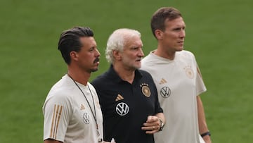 Soccer Football - International Friendly - Germany Training - Signal Iduna Park, Dortmund, Germany - September 11, 2023 Germany interim coach Rudi Voller with assistant coaches Hannes Wolf and Sandro Wagner during training REUTERS/Thilo Schmuelgen