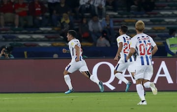 Mexico's Pachuca Victor Guzman, left, celebrates with his teammates after scoring his side's opening goal during the Club World Cup soccer match between Pachuca and Wydad Athletic Club at Zayed sport city in Abu Dhabi, United Arab Emirates, Saturday, Dec. 9, 2017. (AP Photo/Hassan Ammar)