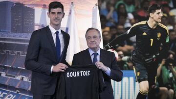 Courtois con Florentino P&eacute;rez en su presentaci&oacute;n como madridista.