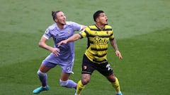 WATFORD, ENGLAND - APRIL 09: Luke Ayling of Leeds and Cucho Hernandez of Watford during the Premier League match between Watford and Leeds United at Vicarage Road on April 9, 2022 in Watford, United Kingdom. (Photo by Charlotte Wilson/Offside/Offside via Getty Images)