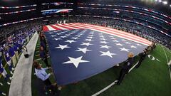 A general view of the American flag during the national anthem prior to a NFL game