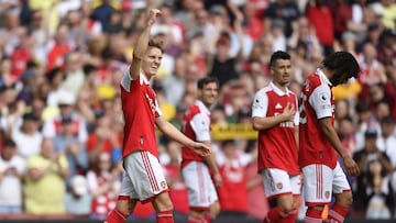 Soccer Football - Premier League - Arsenal v Everton - Emirates Stadium, London, Britain - May 22, 2022 Arsenal's Martin Odegaard celebrates scoring their fifth goal REUTERS/Toby Melville EDITORIAL USE ONLY. No use with unauthorized audio, video, dat