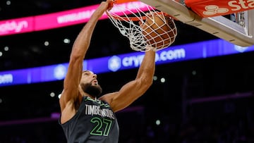LOS ANGELES, CALIFORNIA - APRIL 30: Rudy Gobert #27 of the Minnesota Timberwolves dunks the ball against the Los Angeles Lakers during the fourth quarter in Game Five of the Western Conference First Round NBA Playoffs at Crypto.com Arena on April 30, 2025 in Los Angeles, California. NOTE TO USER: User expressly acknowledges and agrees that, by downloading and or using this photograph, User is consenting to the terms and conditions of the Getty Images License Agreement. Harry How/Getty Images/AFP (Photo by Harry How / GETTY IMAGES NORTH AMERICA / Getty Images via AFP)