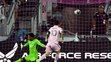 Inter Miami's Argentine forward Lionel Messi scores his team's first goal during the round of 32 Leagues Cup football match between Inter Miami CF and Orlando City SC at DRV PNK Stadium in Fort Lauderdale, Florida, on August 2, 2023. (Photo by CHANDAN KHANNA / AFP)