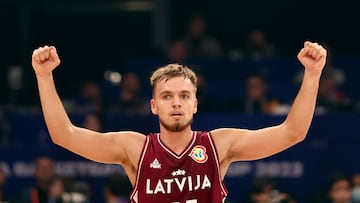 Basketball - FIBA World Cup 2023 - Classification Games 5-8 - Italy v Latvia - Mall of Asia Arena, Manila, Philippines - September 7, 2023 Latvia's Arturs Zagars celebrates after winning the match REUTERS/Eloisa Lopez