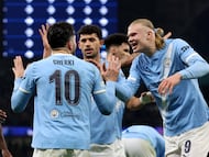 Soccer Football - UEFA Champions League - Manchester City v Galatasaray - Etihad Stadium, Manchester, Britain - January 28, 2026 Manchester City's Rayan Cherki celebrates scoring their second goal with Matheus Nunes and Erling Haaland REUTERS/Scott Heppell TPX IMAGES OF THE DAY