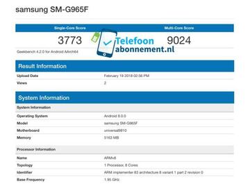 Puntuaci車n obtenida por el Galaxy S9+ (modelo SM-G965F) en Geekbench con Exynos 9810