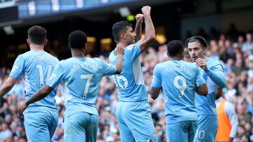 Soccer Football - Premier League - Manchester City v Newcastle United - Etihad Stadium, Manchester, Britain - May 8, 2022 Manchester City's Rodri celebrates scoring their third goal REUTERS/Phil Noble EDITORIAL USE ONLY. No use with unauthorized audi
