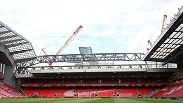 The redeveloped Anfield Road stand is seen under construction ahead of the English Premier League football match between Liverpool and Newcastle United at Anfield in Liverpool, north west England on August 31, 2022. - - RESTRICTED TO EDITORIAL USE. No use with unauthorized audio, video, data, fixture lists, club/league logos or 'live' services. Online in-match use limited to 120 images. An additional 40 images may be used in extra time. No video emulation. Social media in-match use limited to 120 images. An additional 40 images may be used in extra time. No use in betting publications, games or single club/league/player publications. (Photo by Paul ELLIS / AFP) / RESTRICTED TO EDITORIAL USE. No use with unauthorized audio, video, data, fixture lists, club/league logos or 'live' services. Online in-match use limited to 120 images. An additional 40 images may be used in extra time. No video emulation. Social media in-match use limited to 120 images. An additional 40 images may be used in extra time. No use in betting publications, games or single club/league/player publications. / RESTRICTED TO EDITORIAL USE. No use with unauthorized audio, video, data, fixture lists, club/league logos or 'live' services. Online in-match use limited to 120 images. An additional 40 images may be used in extra time. No video emulation. Social media in-match use limited to 120 images. An additional 40 images may be used in extra time. No use in betting publications, games or single club/league/player publications. (Photo by PAUL ELLIS/AFP via Getty Images)