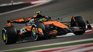 McLaren's British driver Lando Norris drives during the second practice session ahead of the Bahrain Formula One Grand Prix at the Bahrain International Circuit in Sakhir on April 11, 2025. (Photo by Giuseppe CACACE / AFP)