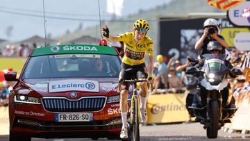 Cycling - Tour de France - Stage 18 - Lourdes to Hautacam - France - July 21, 2022 Jumbo - Visma's Jonas Vingegaard wearing the yellow jersey celebrates winning stage 18 REUTERS/Christian Hartmann