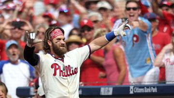 PHILADELPHIA, PENNSYLVANIA - AUGUST 30: Bryce Harper #3 of the Philadelphia Phillies reacts after hitting a two run home run during the eighth inning against the Los Angeles Angels at Citizens Bank Park on August 30, 2023 in Philadelphia, Pennsylvania. Harper hit his 300th-career MLB home run.   Tim Nwachukwu/Getty Images/AFP (Photo by Tim Nwachukwu / GETTY IMAGES NORTH AMERICA / Getty Images via AFP)