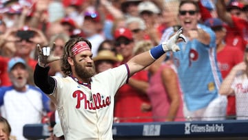 PHILADELPHIA, PENNSYLVANIA - AUGUST 30: Bryce Harper #3 of the Philadelphia Phillies reacts after hitting a two run home run during the eighth inning against the Los Angeles Angels at Citizens Bank Park on August 30, 2023 in Philadelphia, Pennsylvania. Harper hit his 300th-career MLB home run.   Tim Nwachukwu/Getty Images/AFP (Photo by Tim Nwachukwu / GETTY IMAGES NORTH AMERICA / Getty Images via AFP)