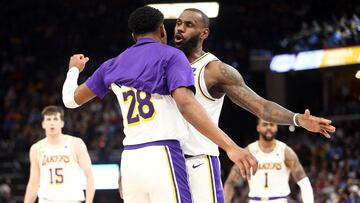 Apr 16, 2023; Memphis, Tennessee, USA; Los Angeles Lakers forward LeBron James (6) reacts with forward Rui Hachimura (28) during the second half during game one of the 2023 NBA playoffs against the Memphis Grizzlies at FedExForum. Mandatory Credit: Petre Thomas-USA TODAY Sports